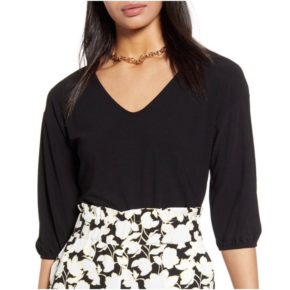 Halogen Puff Sleeve Blouse Stretch Knit 3/4 Sleeve Top NEW - Black